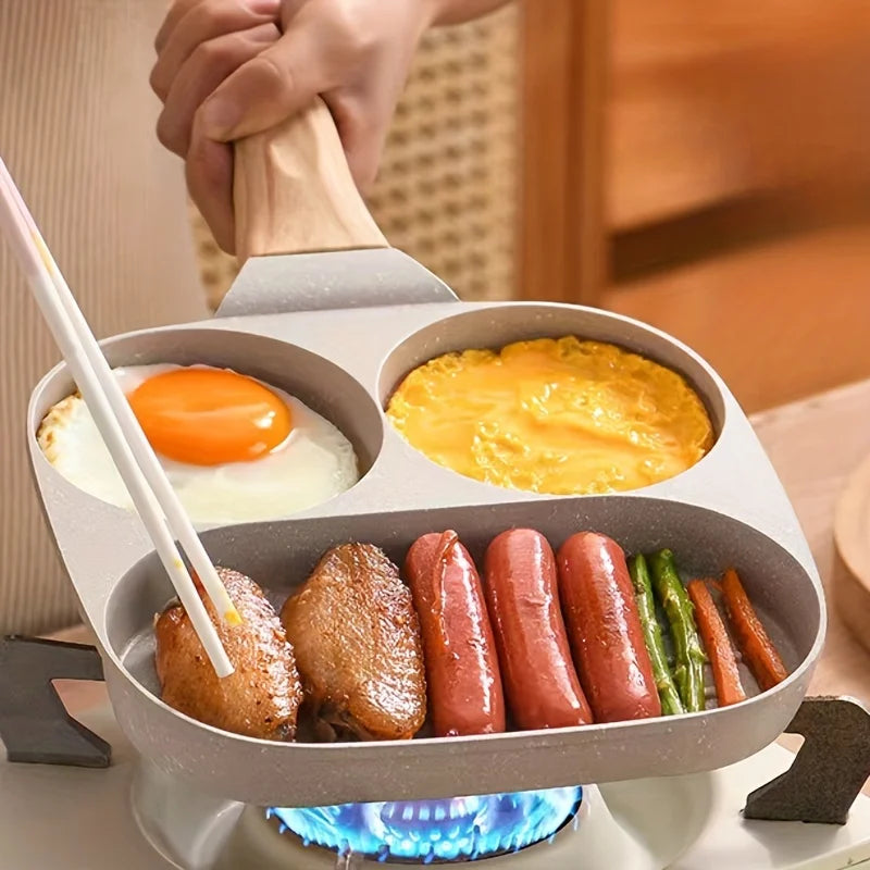 1pc 7.5" Multi-Section Non-Stick Aluminum Skillet with Rust-Resistant Handle, 3-Compartment Egg Pancake Pan for Kitchen Cookware Peaceful Pleasures Health and Wellness Three Grid