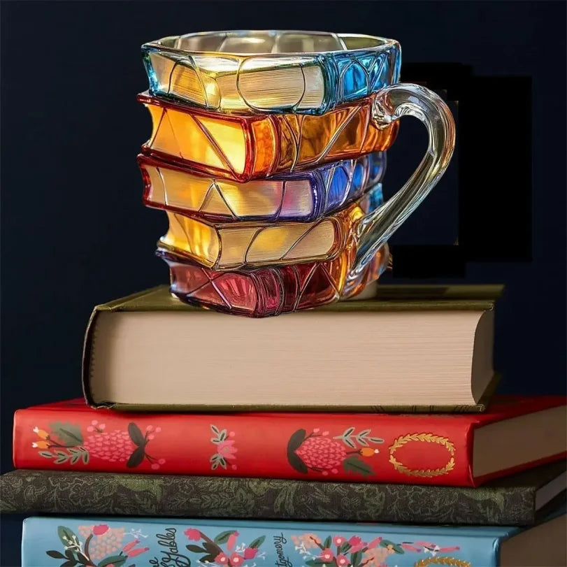 3D Stacked Books Glass Coffee Mug | Novelty Book Lover Gift