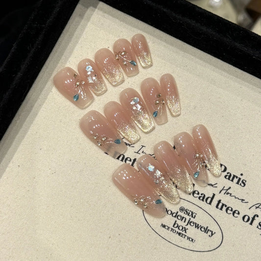 Handmade Press on Nails Shiny Gradient Gold Powder False Nails Daily Wearable Manicure DIY French Cat Eye Fake Nail Tips Peaceful Pleasures Health and Wellness