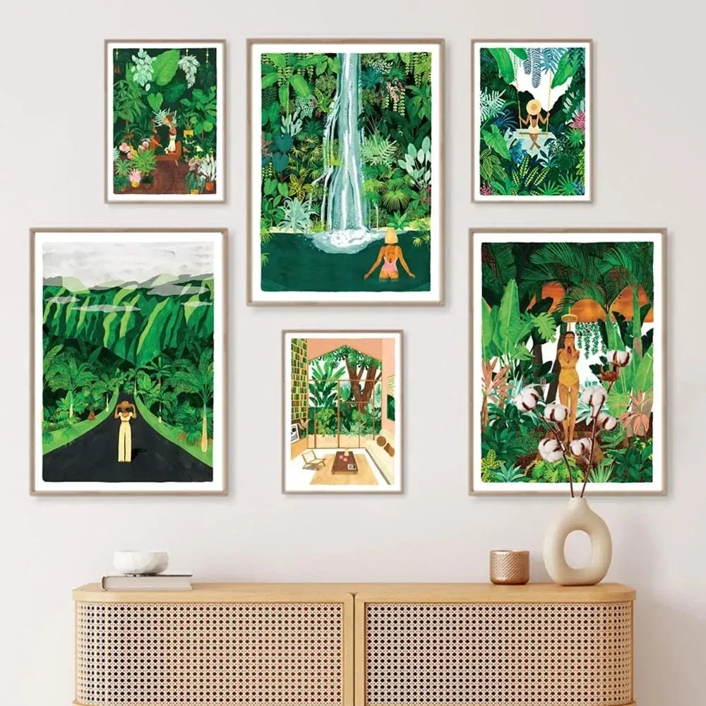(1pc frameless)Green Botanical Porch Summer Shower Waterfall Wall Art Canvas Painting Nordic Poster Print Picture For Living Peaceful Pleasures Health and Wellness