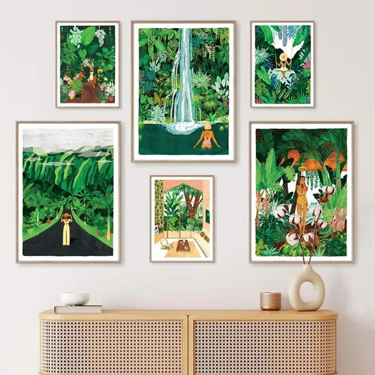 (1pc frameless)Green Botanical Porch Summer Shower Waterfall Wall Art Canvas Painting Nordic Poster Print Picture For Living Peaceful Pleasures Health and Wellness