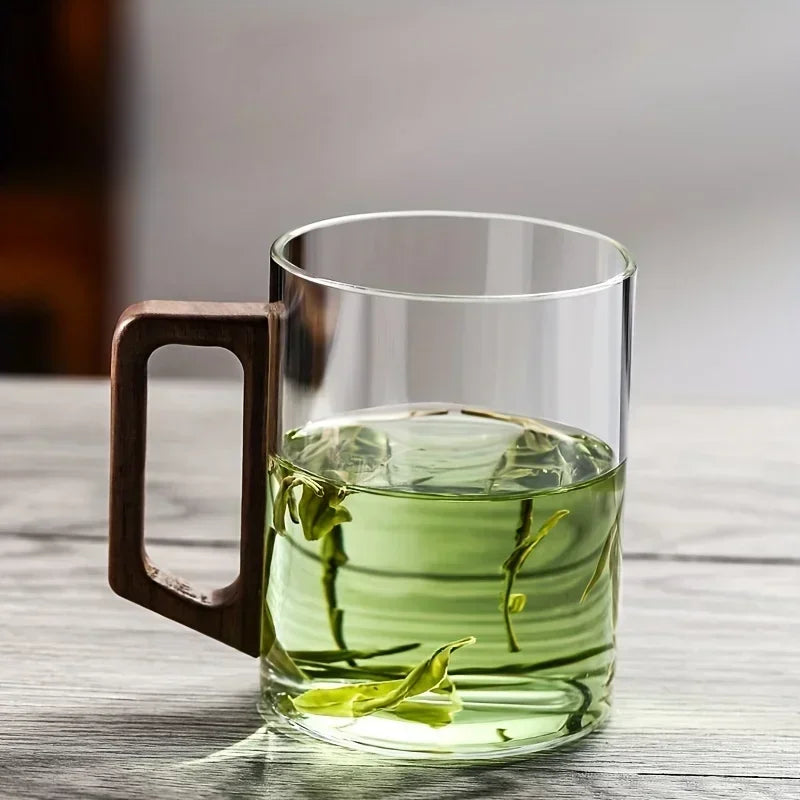400ml Walnut Handle Glass Cup Heat-resistant Cup for Home Use Tea Making Cup Office Drinking Cup Peaceful Pleasures Health and Wellness 1PC Transparent 400ML