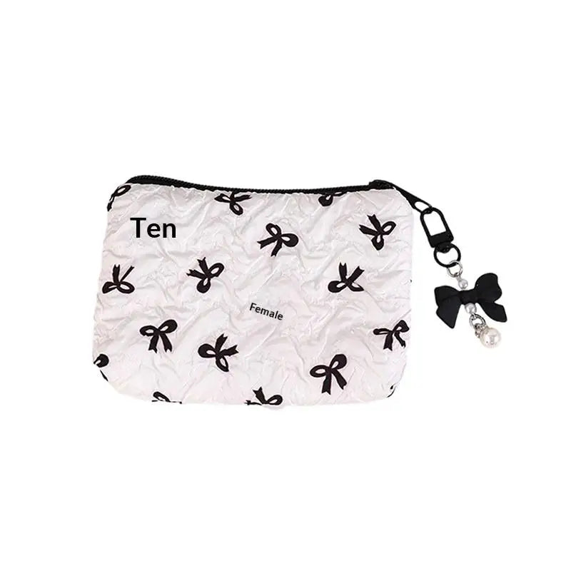 Cute Bow Fabric Makeup Bag, For Women Cosmetic Pouch, Portable Lipstick Earphone Travel Organizer Small Clutch Purse Peaceful Pleasures Health and Wellness White