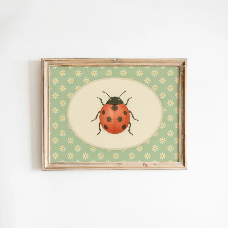 Ladybug & Daisies Whimsical Canvas Wall Art Print | Home Decor