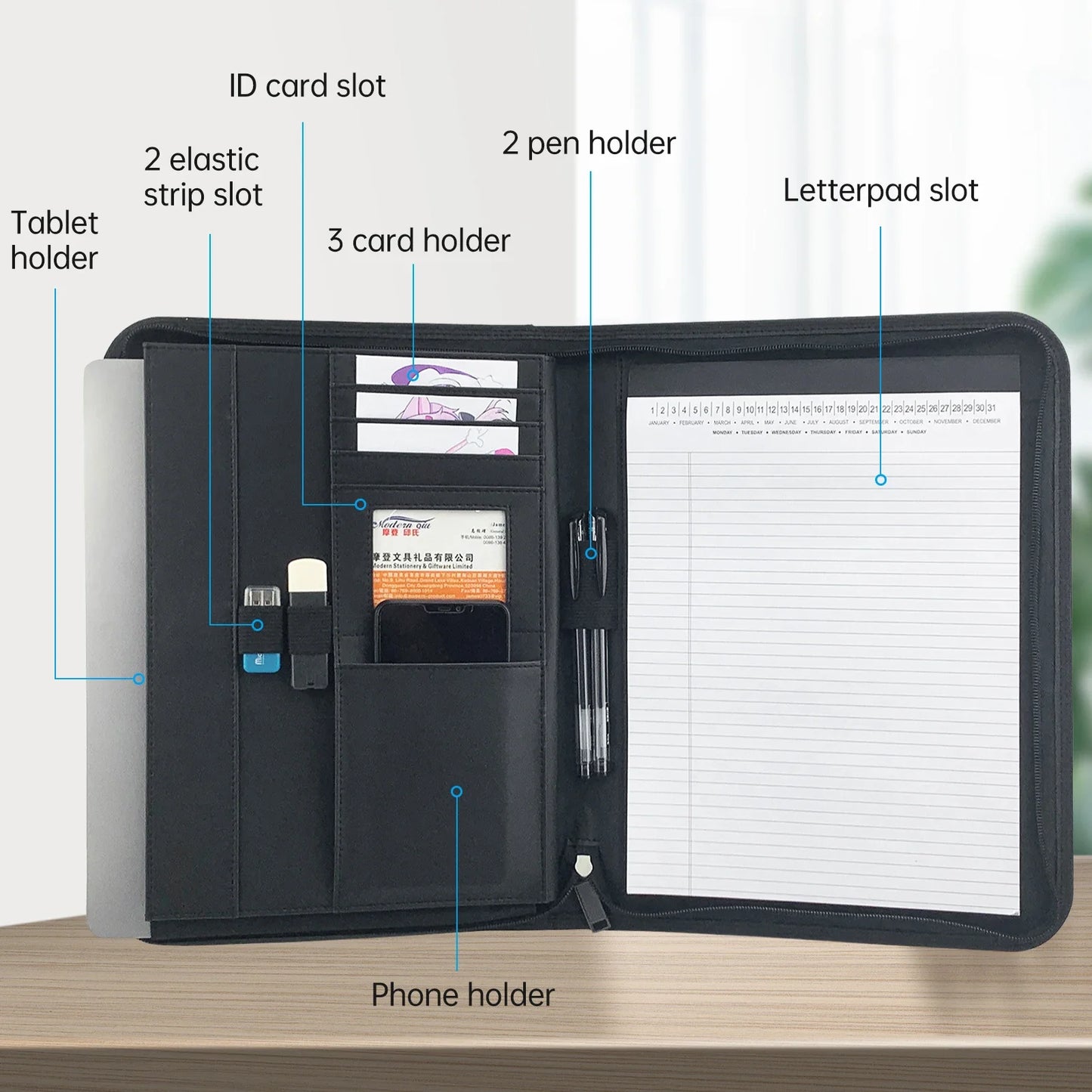Bisofice Zippered Business Padfolio A4 PU Leather Portfolio Organizer