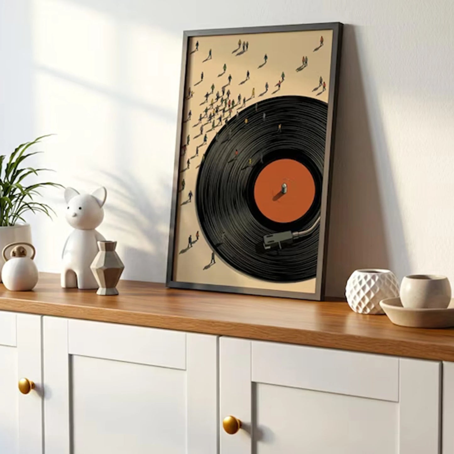 Retro Vinyl Record Miniature People Canvas Wall Art Print