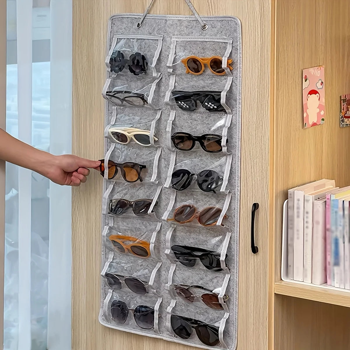 16Slots Felt Eyeglasses Stand Holder Dust Proof Wall-Mounted Pocket Storage for Sunglasses Glasses Display Hanging Bag Organizer Peaceful Pleasures Health and Wellness