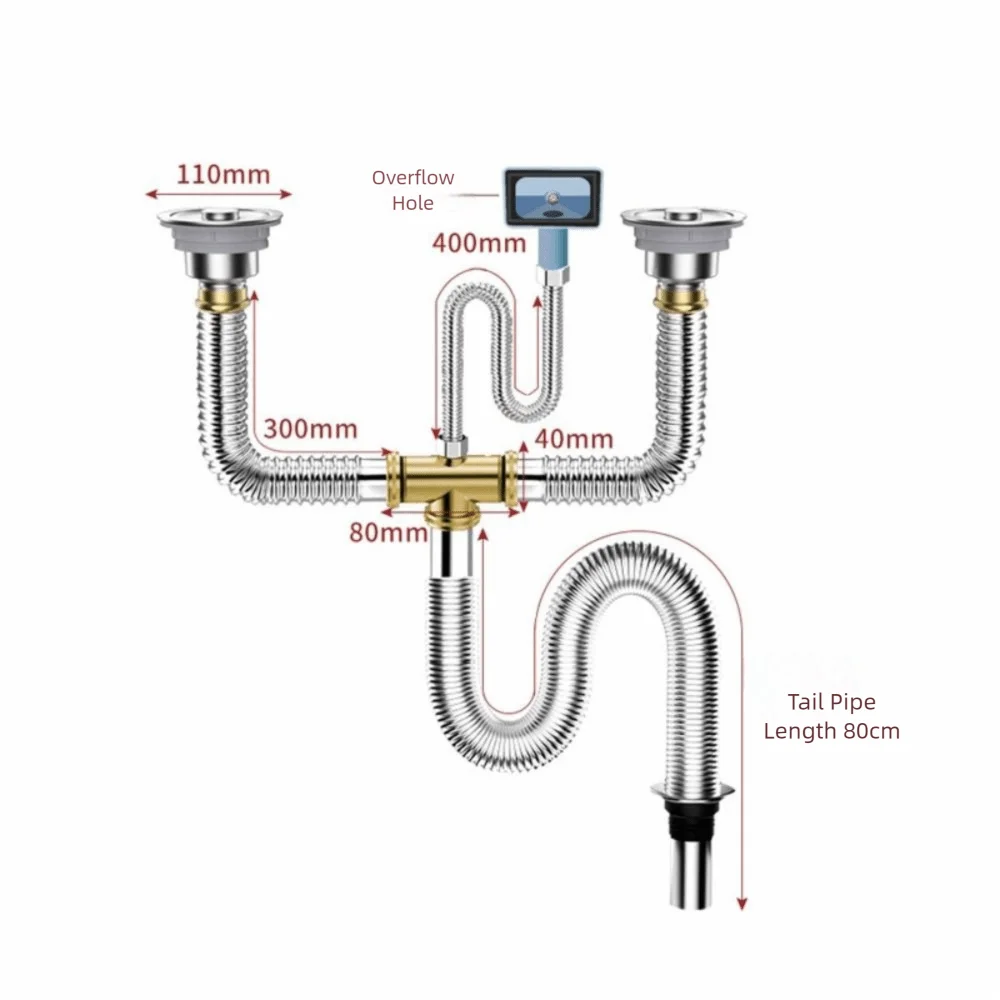 Stainless Steel Sink Drain Pipe Set Easy Install Single/Double Bowl Sewer Replacement Pipe Space Saving Anti Clogging Peaceful Pleasures Health and Wellness