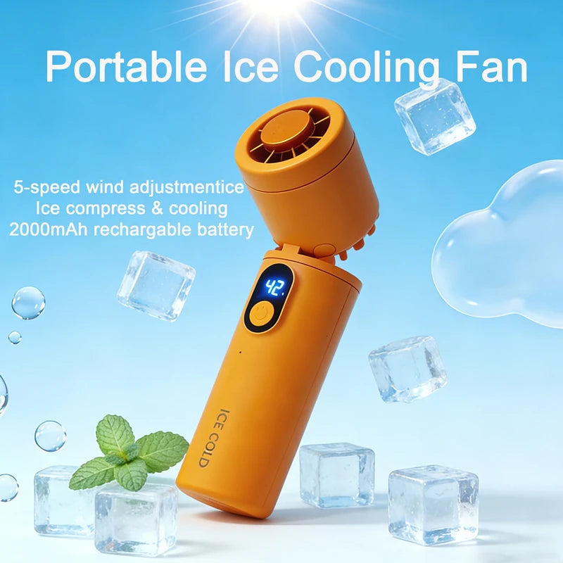 Mini Turbo Fan Ice Cooling Handheld Fan 5 Adjustable Speeds 90° Foldable Refrigeration Blower Fan For Travel Outdoor Use Peaceful Pleasures Health and Wellness