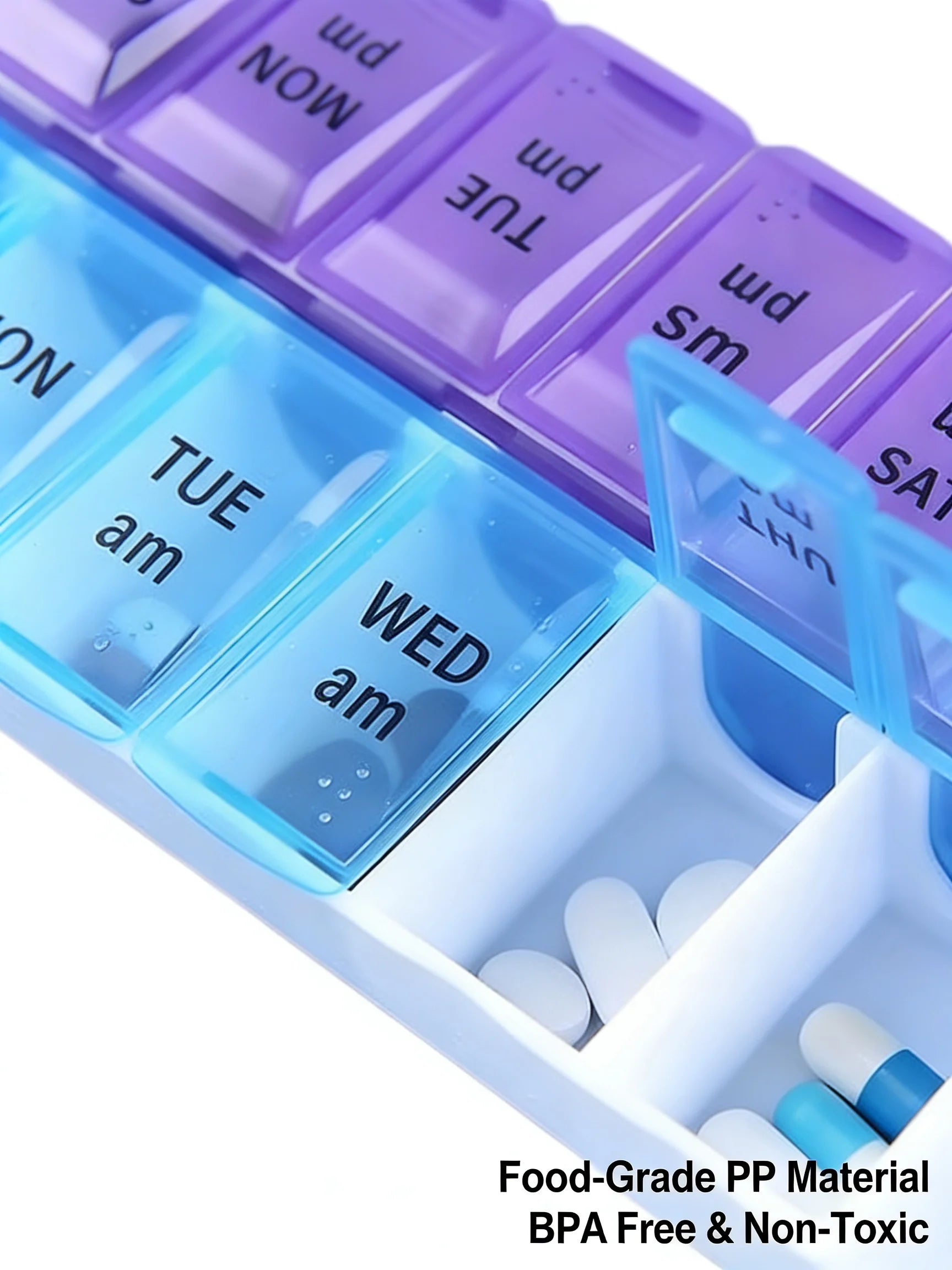 Weekly pill organizer with compartments for different days of the week, showing food-grade PP material and BPA-free design.