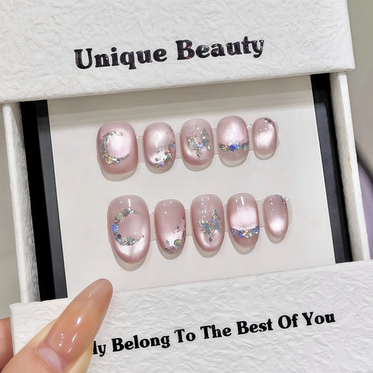 Handmade Press on Nails Sweet Pink Cat Eye Fake Nails with Colorful Diamond Design Full Cover Wearable Korean Cute False Nails Peaceful Pleasures Health and Wellness