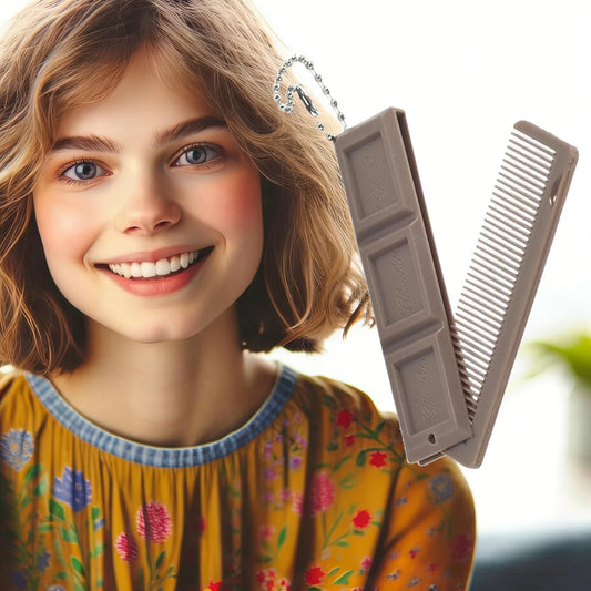 2-in-1 Foldable Chocolate-Shape Hair Comb with Mirror – Portable Travel Massage Comb for All Hair Types, Beige/Brown Peaceful Pleasures Health and Wellness