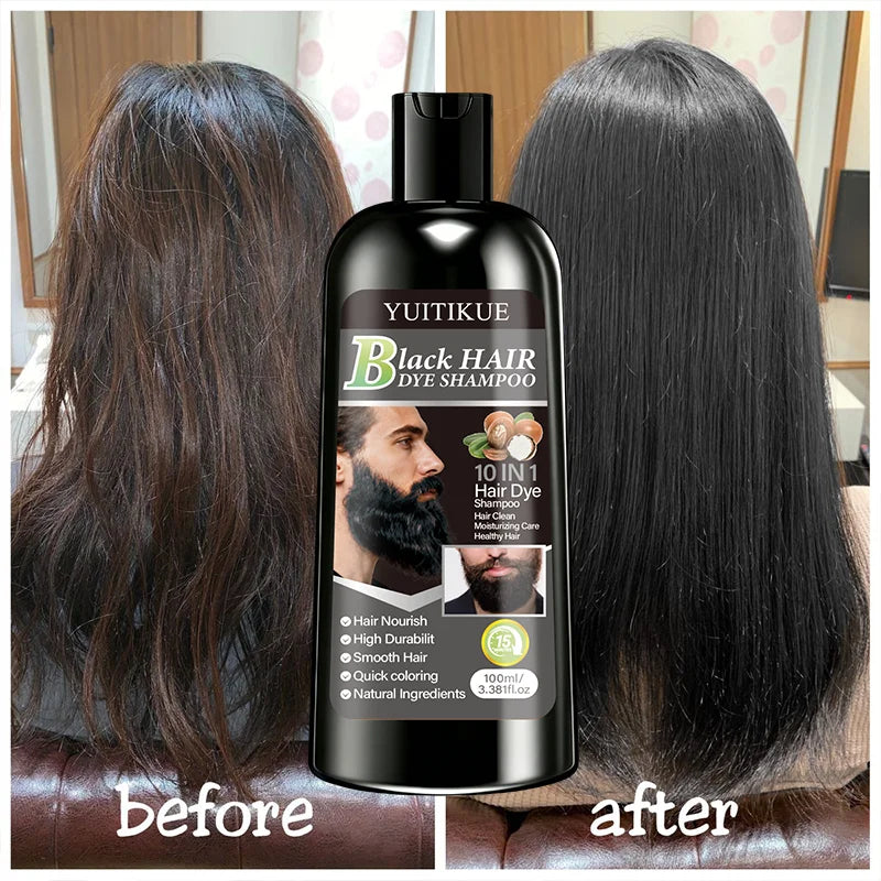 YUITIKUE Black Hair Dye Shampoo 100ml 10-in-1 Natural Ingredients Quick Coloring Nourishing Hair Care Peaceful Pleasures Health and Wellness