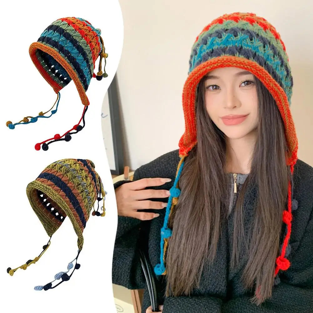 Rainbow Striped Knit Beanie Hat – Women's Winter Ear Protection