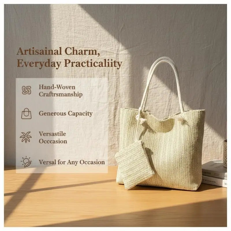 Women's Large Woven Straw Shoulder Tote Bag | Summer Fashion
