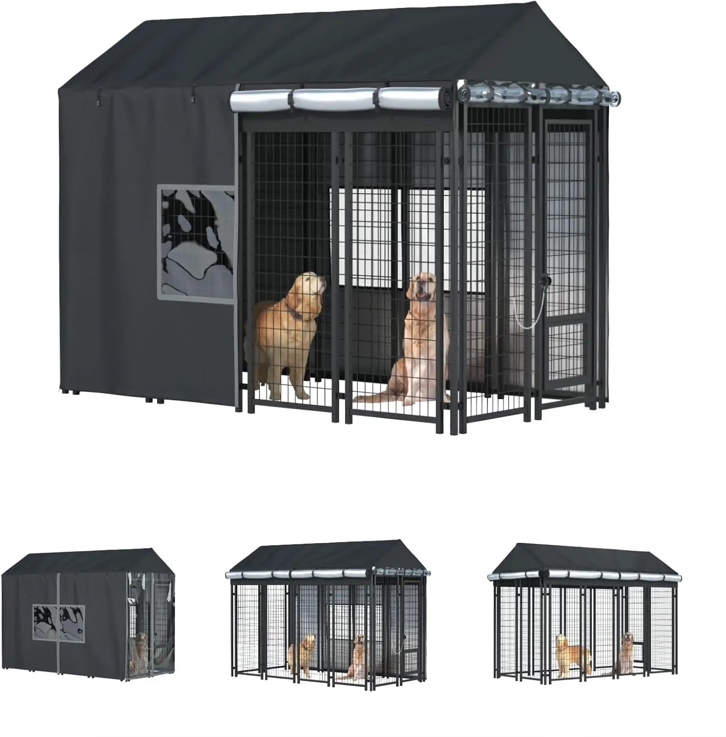Dog kennel with black cover and multiple views on a white background