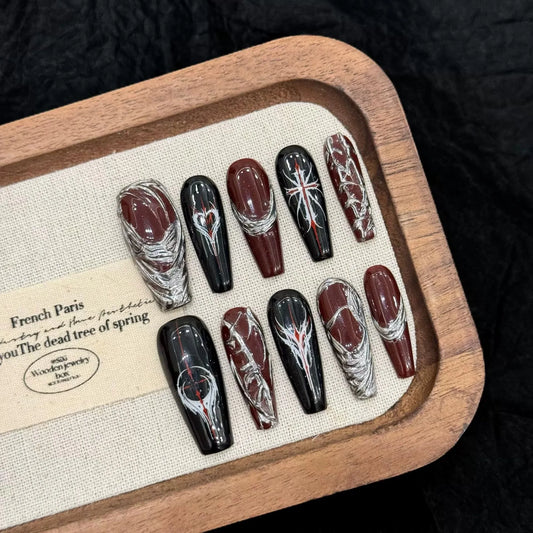 Handmade Press on Nails Dark Gothic Y2K False Nails Wearable Silver Stripe Decor Long Almond Spice Girls Wine Red Fake Nail Tips Peaceful Pleasures Health and Wellness L 1