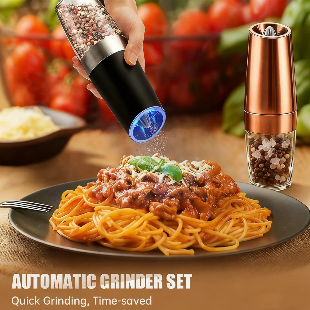 1/2pcs Gravity Electric Pepper and Salt Stainless Steel Grinder Set with Adjustable Coarseness Operated LED Light Peaceful Pleasures Health and Wellness