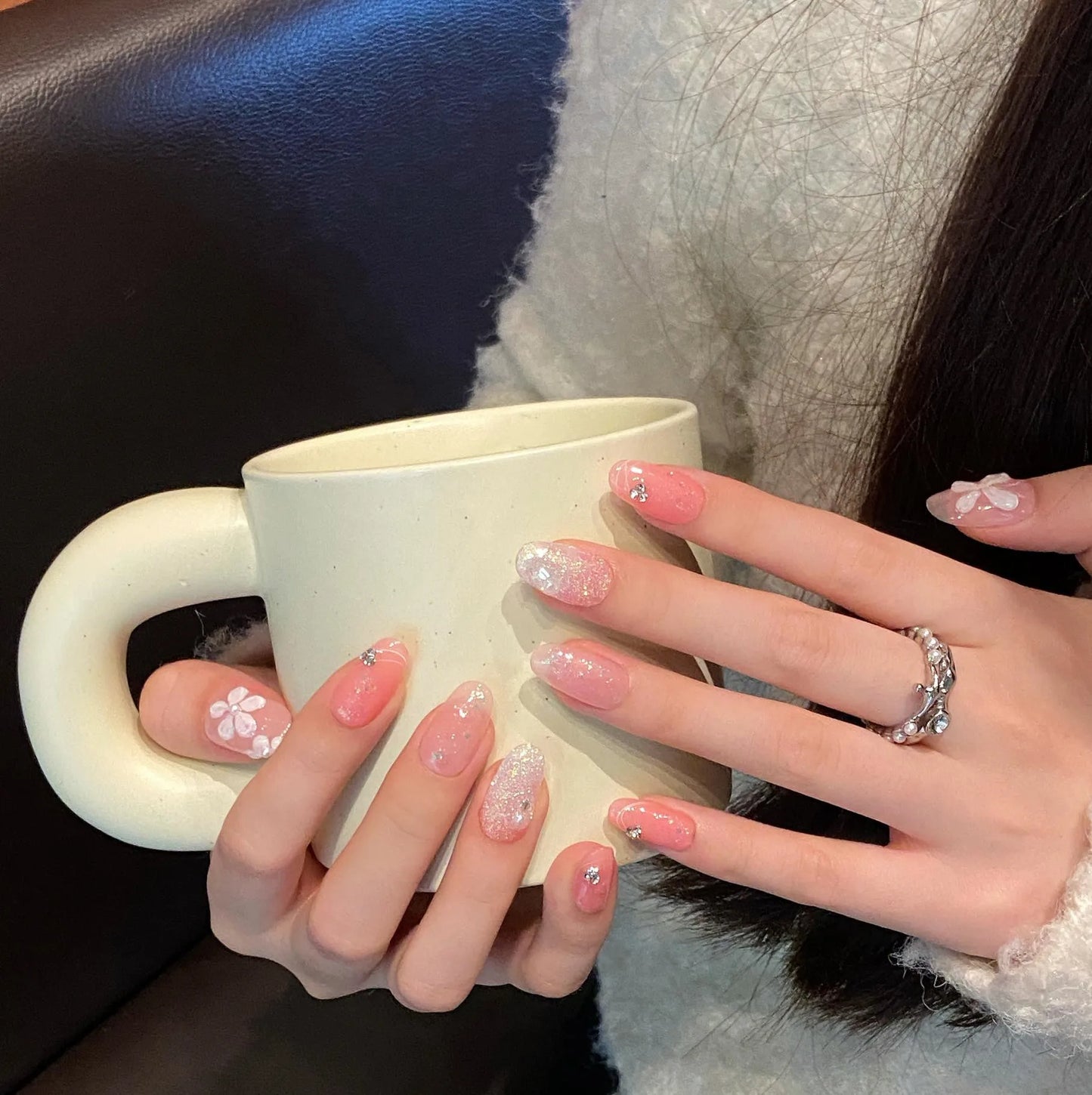 Handmade Pink Rose Press-On Nails | Short Round False Nails