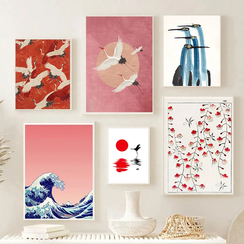Red Crane Hokusai Canvas Wall Art | Coastal Vintage Print
