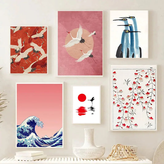 Red Crane Hokusai Canvas Wall Art | Coastal Vintage Print Canvas Wall Art Peaceful Pleasures Health and Wellness