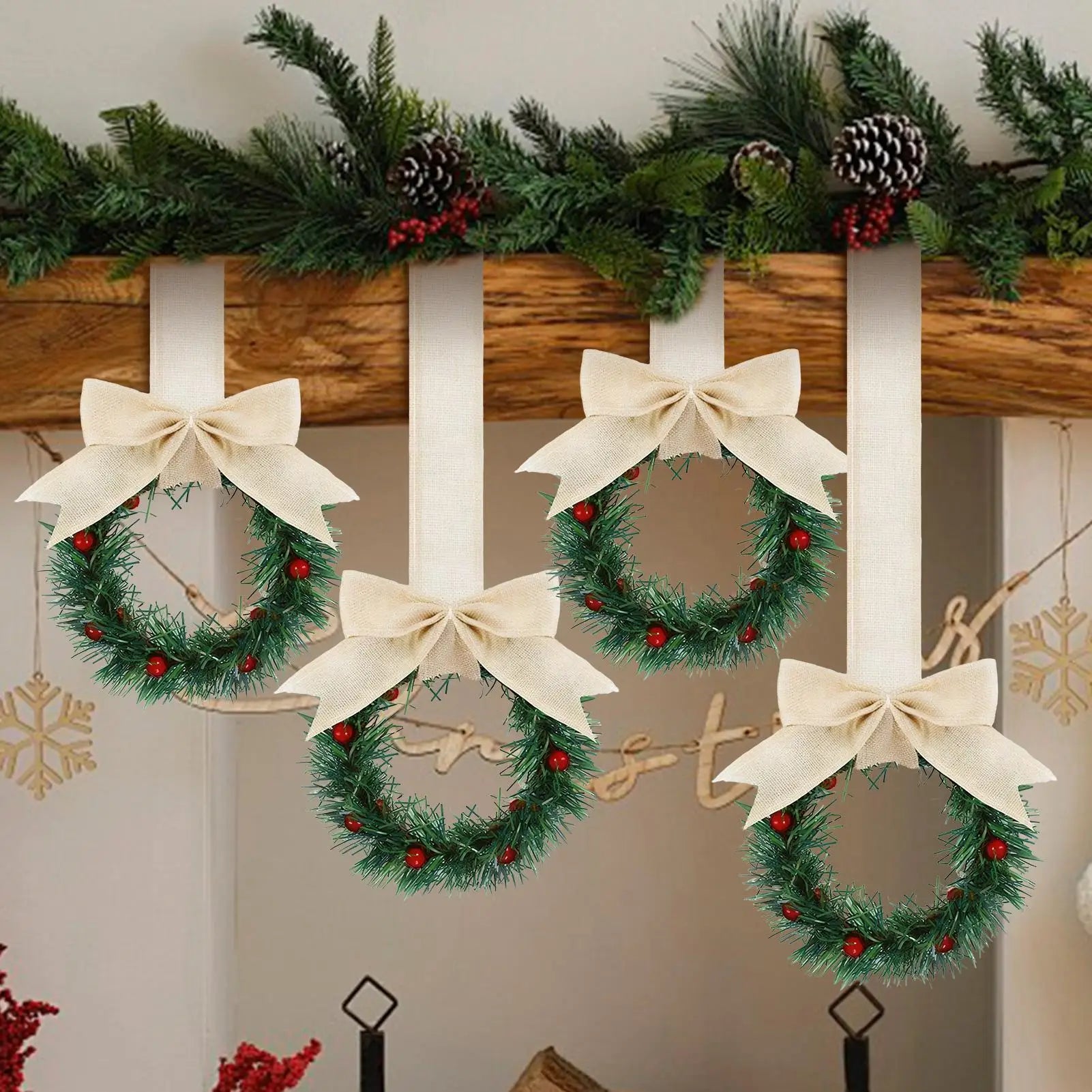 Christmas Wreath Outdoor 4-Piece Artificial Garland Christmas Red Berry Bow Tree Decorations For Indoor Outdoor Home Kitchen Peaceful Pleasures Health and Wellness