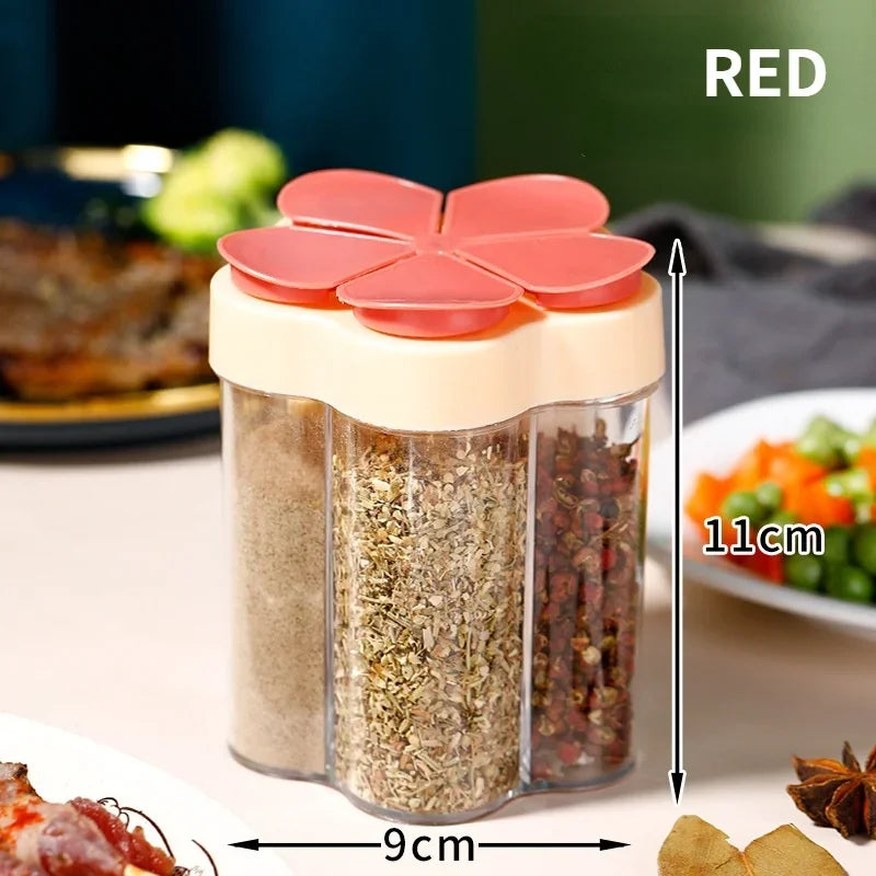 5-Compartment Seasoning Jar & Spice Organizer – Transparent PP with Mesh Pour Spout for Kitchen & Camping