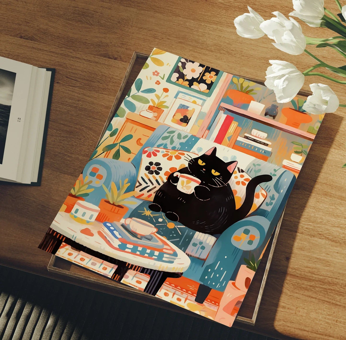 Cute Coffee Cat Canvas Wall Art | Cat Mom Gift Print Canvas Wall Art Peaceful Pleasures Health and Wellness WS681 50x70cm Unframed