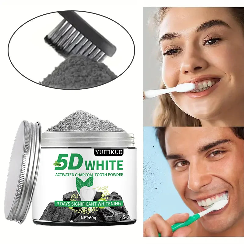 YUlTlKUE 5D White Activated charcoal Tooth Powder Natural Teeth Whitening Oral Care Fresh Breath 60g Peaceful Pleasures Health and Wellness
