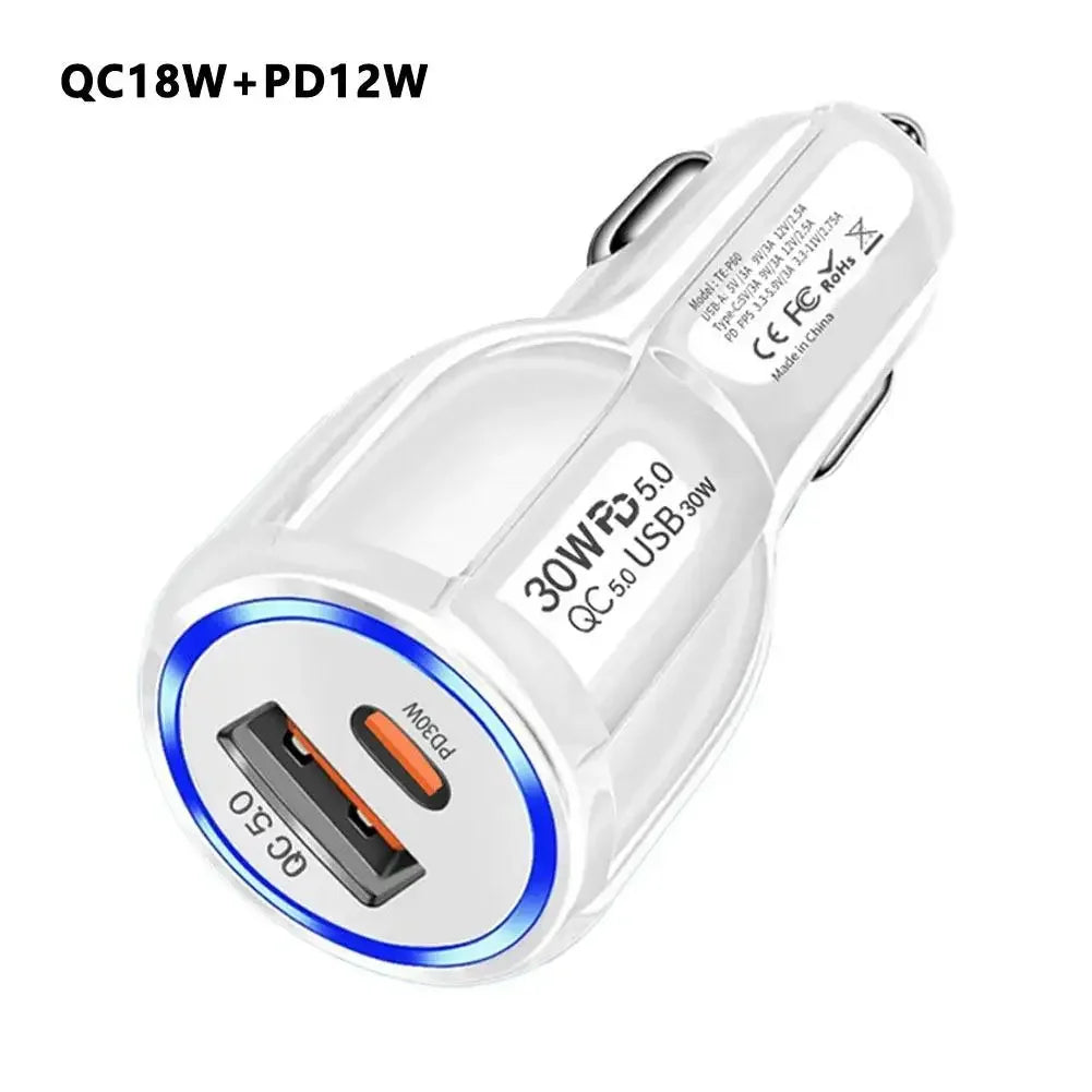 12W 30W Car Charger 2 Ports Car Charger Fast Charging QC 3.0 PD12W PD30W Car Cigarette Lighter Flash Charge For phones Peaceful Pleasures Health and Wellness QC18W PD12W WHITE