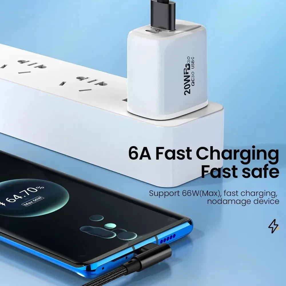 66W 6A USB-C Fast Charging Cable 90° Elbow | 0.25m–3m