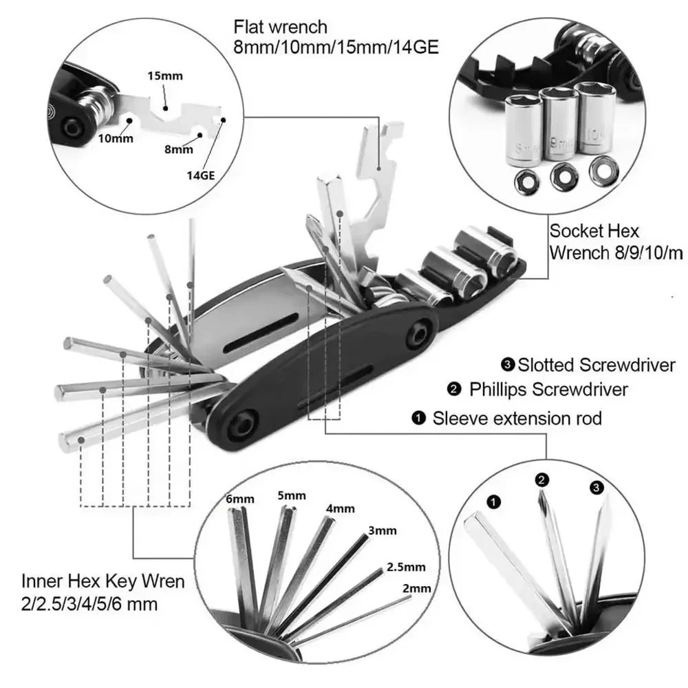 16-in-1 Bicycle Repair Tool Kit – Hex Wrench, Screwdriver & More