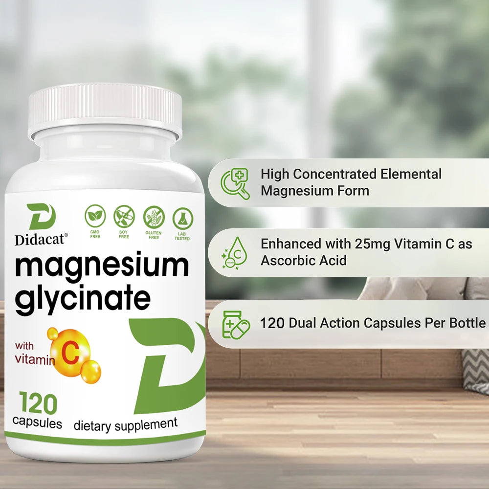 Magnesium Glycinate Capsules with Vitamin C, High Absorption, Supports Muscle Relaxation Nerve Bone & Heart Health, Antioxidant Peaceful Pleasures Health and Wellness