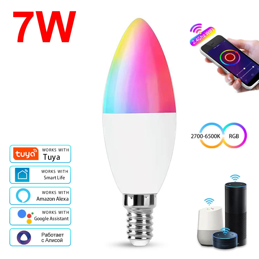 220V 5W 7W 9W Tuya WiFi Smart Bulb E14 candle Light Dimmable RGB Lamp Smart Life APP Alexa Google Assistant Home Voice Control Peaceful Pleasures Health and Wellness 220V 7W Yes