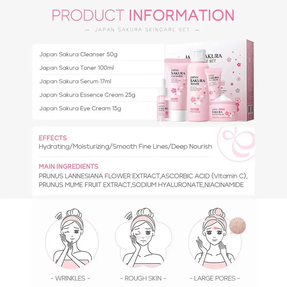 5pcs Skin Care Set Sakura Essence Skin Care Gift Sets With Cleanser,Toner,Serum,Eye Cream, Moisturizing Smooth Wrinkles Skincare Peaceful Pleasures Health and Wellness
