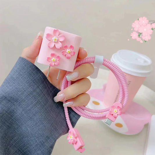 3D Pink Flower Cable Protector Sleeve for iPhone – 4 Pcs Cable Protector Sleeve Oasis Select Default Title