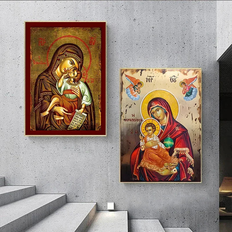 The Therapist Virgin Mary and Jesus Ikon Panagia Mother of God Byzantine Orthodox Religious Canvas Wall Art Living Room Decor Peaceful Pleasures Health and Wellness
