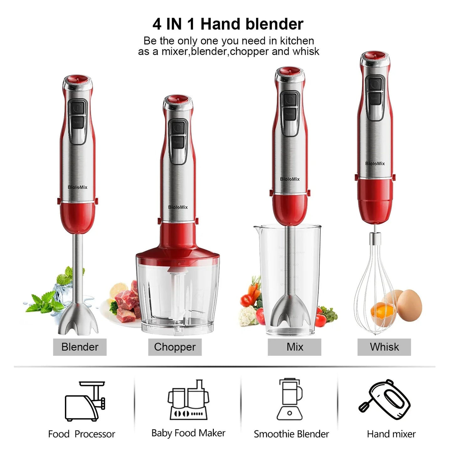 BioloMix 4-in-1 Immersion Hand Blender 1200W Immersion Blender Peaceful Pleasures Health and Wellness
