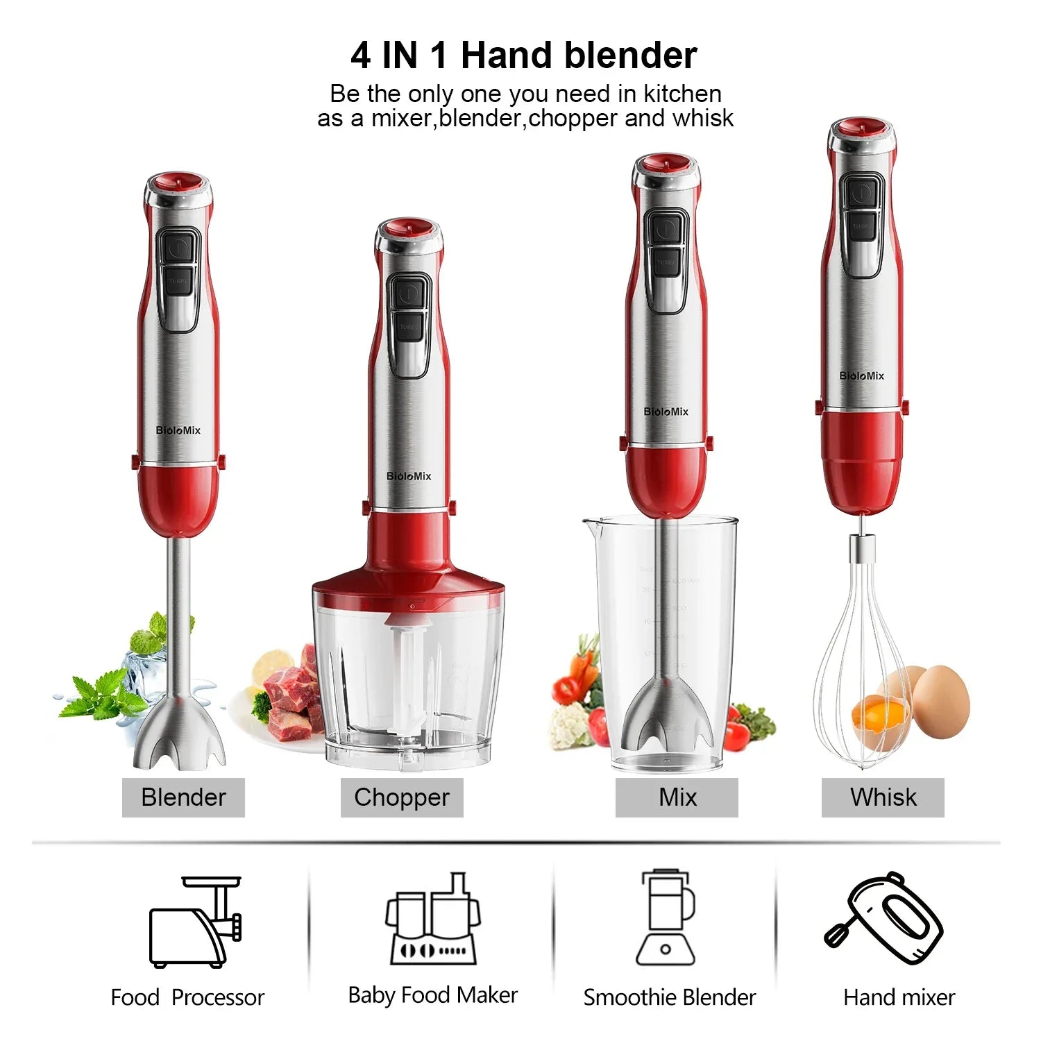 BioloMix 4-in-1 Immersion Hand Blender 1200W Immersion Blender Peaceful Pleasures Health and Wellness