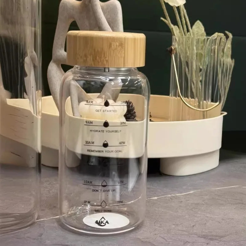 Borosilicate Glass Water Bottle | Bamboo Lid & Time Marker