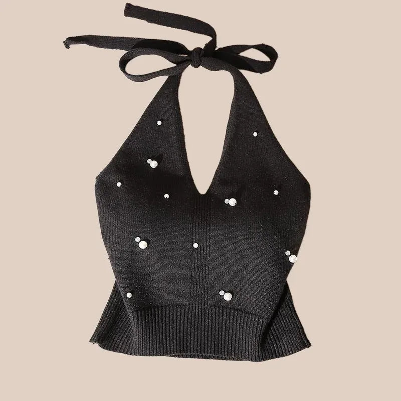 Pearl Beaded Halter Crop Top | Spaghetti Strap Cami for Women