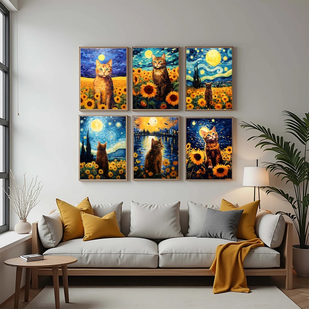 Nordic Wall Art Cat Sunflowers Wall Art Van Gogh Style Canvas Painting Modern Style Poster Prints Bedroom Living Room Wall Decor Peaceful Pleasures Health and Wellness