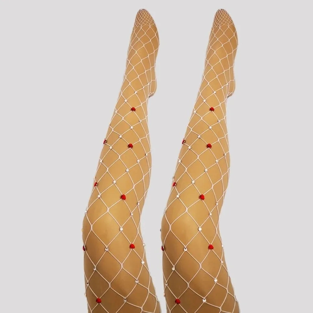 Rhinestone Fishnet Stockings – Diamond Heart Glitter Tights