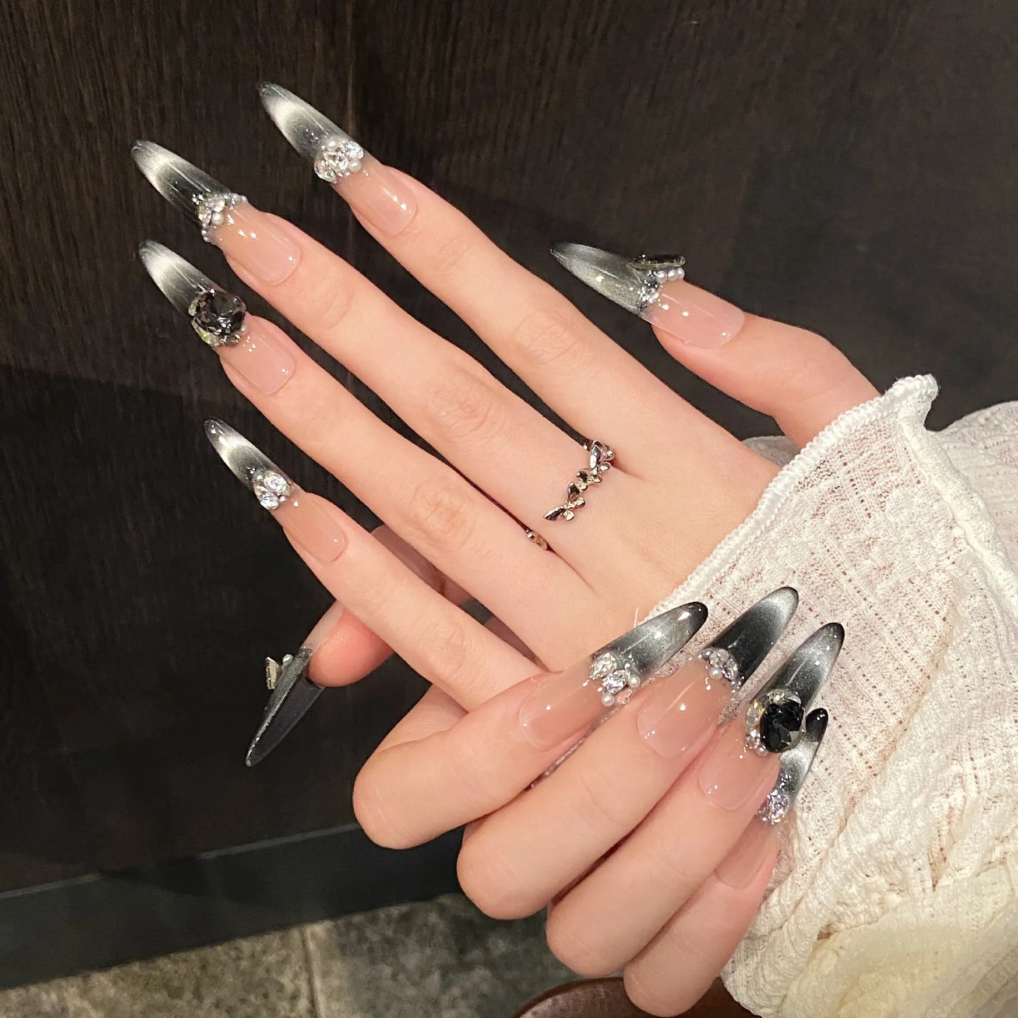 Black Cat Eye Press On Nails – Glitter Crystal Long Nail Tips