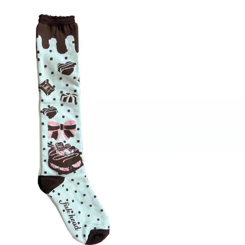 Original Qiaoqiao Cake knee-high calf socks Chocolate Chip Cookie cake cotton socks LOLITA lace socks calf women socks Peaceful Pleasures Health and Wellness blue One Size