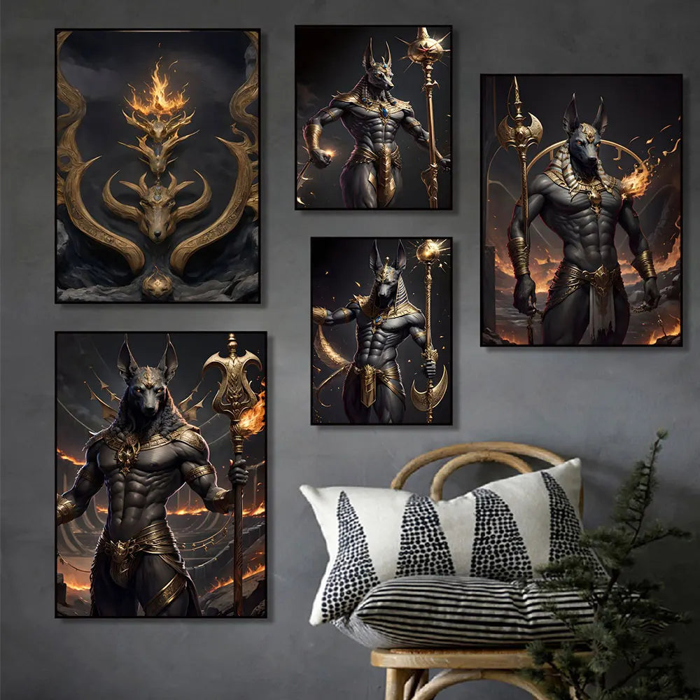 Ancient Egyptian Fantasy Mythology The God Anubis Golden Portrait Posters Print Canvas Painting Wall Art Picture Room Home Decor Peaceful Pleasures Health and Wellness