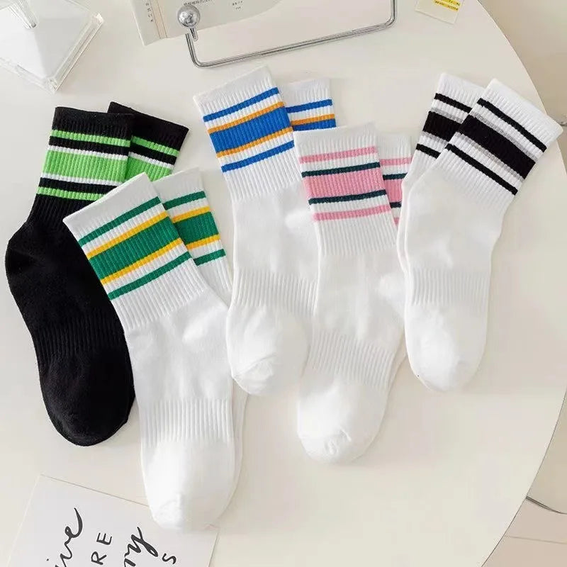Striped Cotton Crew Socks Korean Streetwear Mid-Calf 10 Pairs