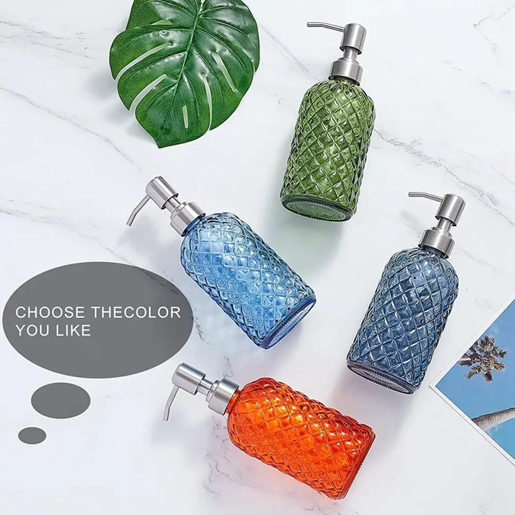 480ml Glass Soap Dispenser – Gem Pattern, Rust-Proof Pump Peaceful Pleasures Health and Wellness