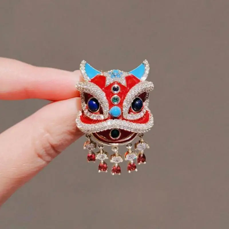 Chinese Style Red Lion Dance High End Accessory Enamel Painted Brooch Peaceful Pleasures Health and Wellness