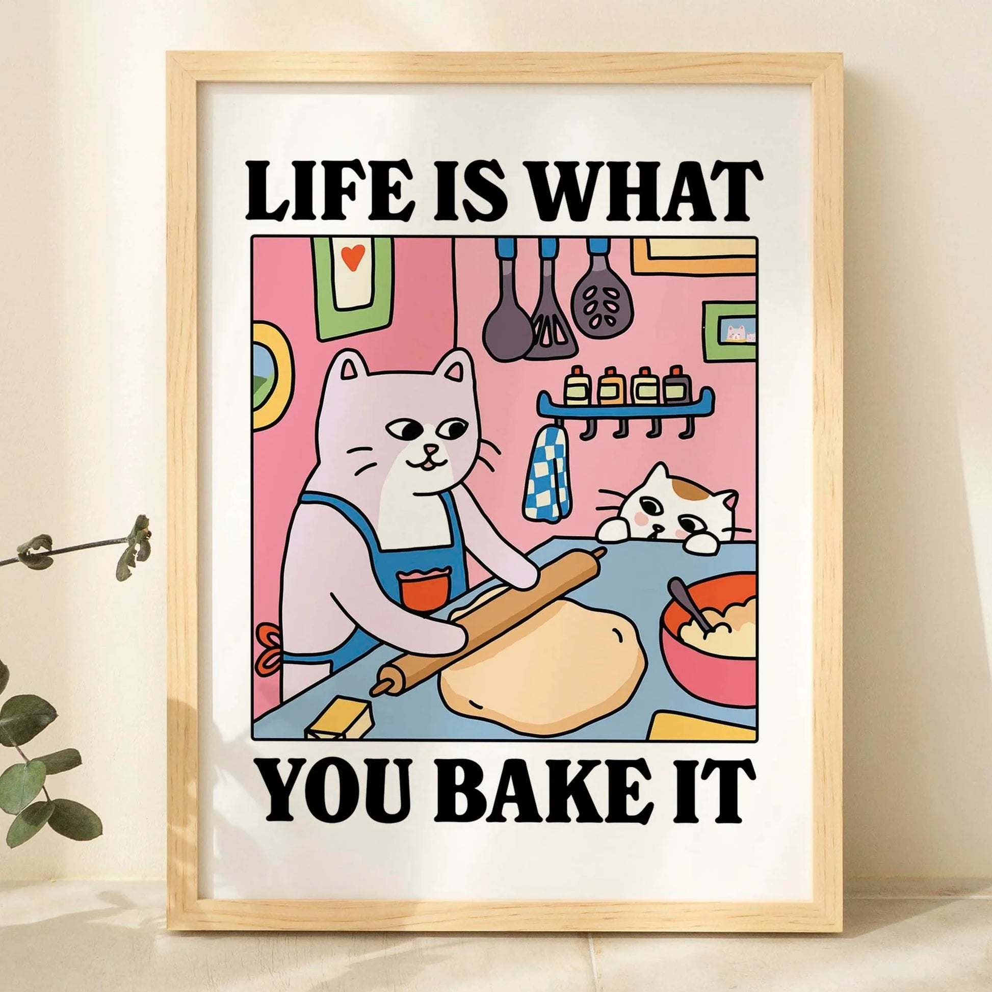 Life Is What You Bake It Cartoon Cat Wall Art Prints Canvas Painting Poster Picture For Living Children Room Home Decor Gift Peaceful Pleasures Health and Wellness